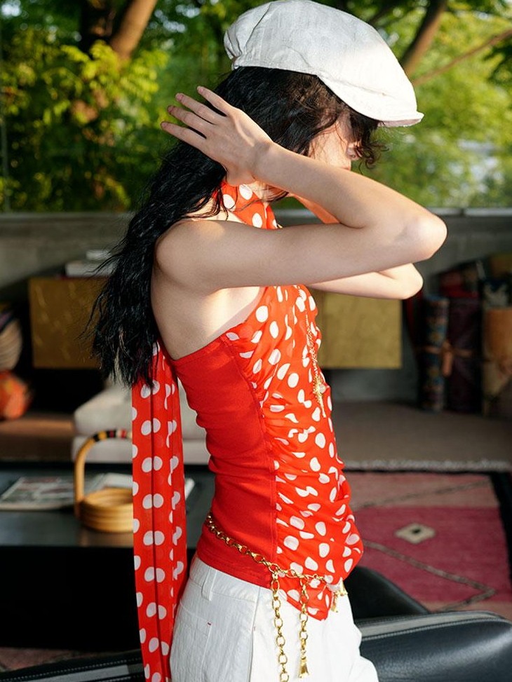 badtaste Western Retro Colorblock Polka Dot Tie Back Women's Halter Tops