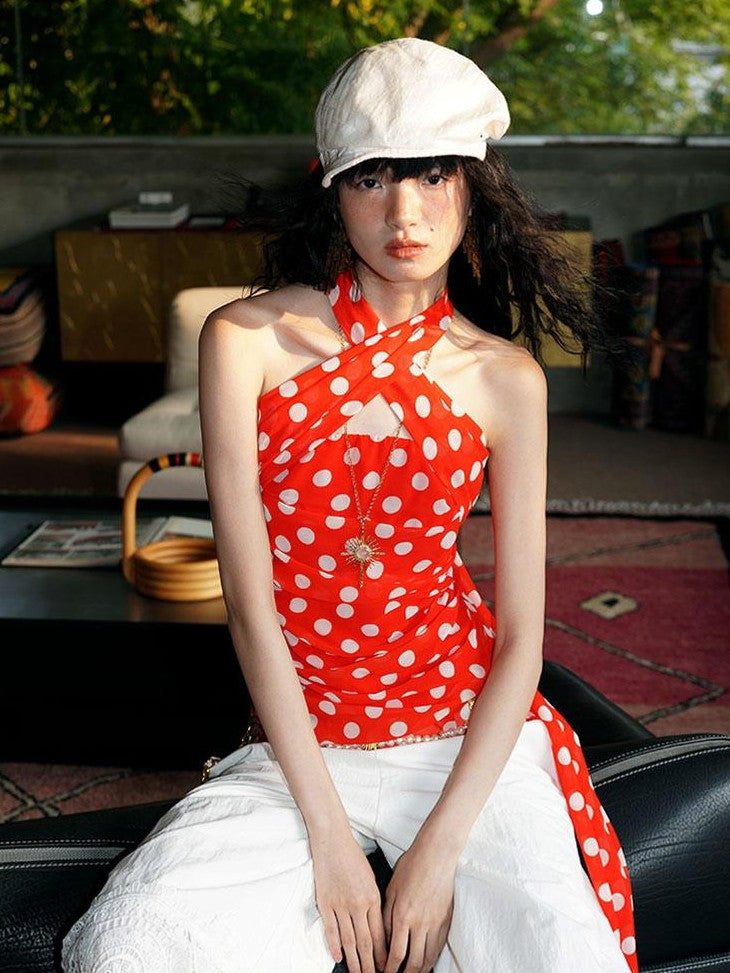 badtaste Western Retro Colorblock Polka Dot Tie Back Women's Halter Tops