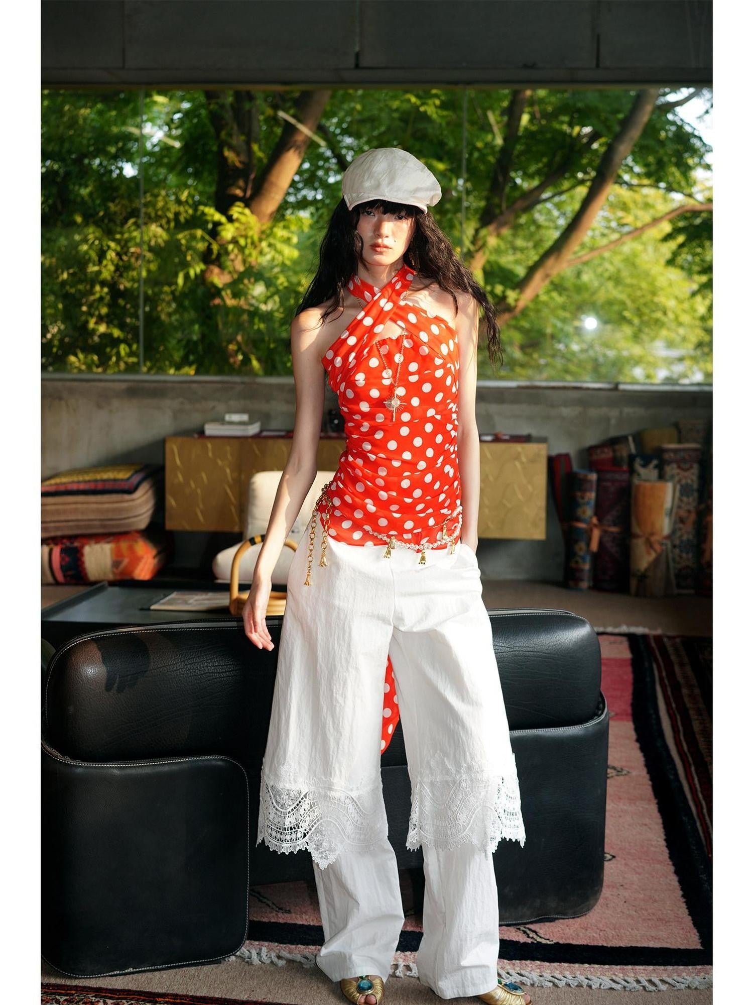 badtaste Western Retro Colorblock Polka Dot Tie Back Women's Halter Tops
