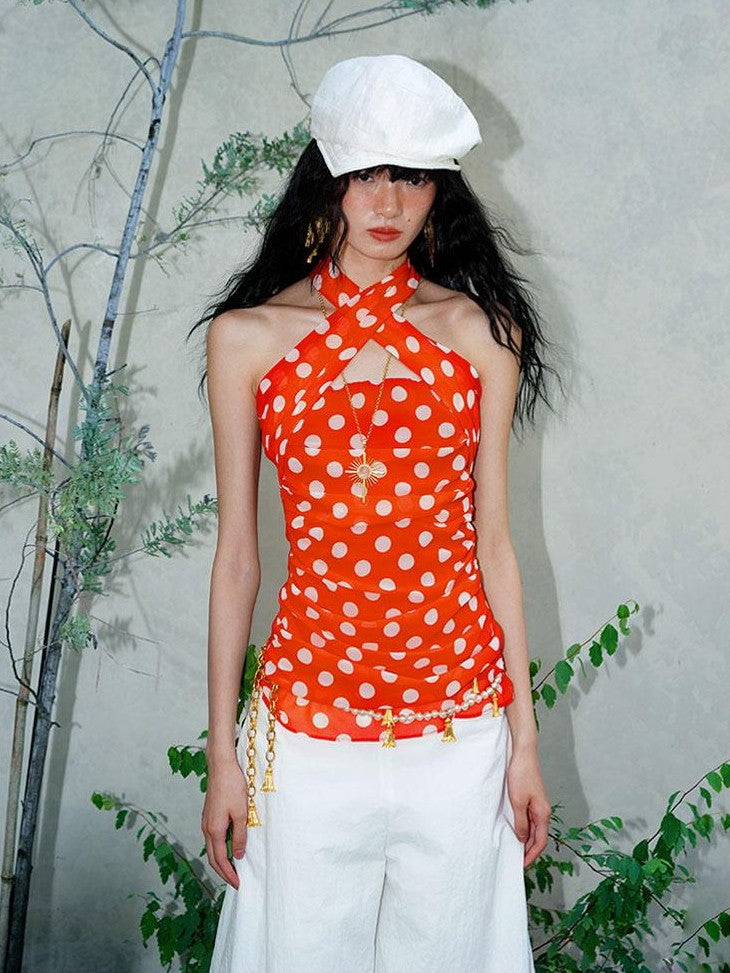 badtaste Western Retro Colorblock Polka Dot Tie Back Women's Halter Tops
