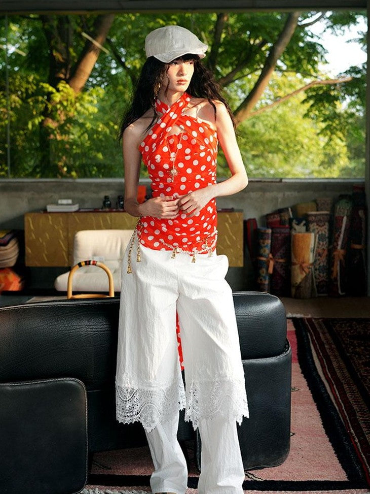 badtaste Western Retro Colorblock Polka Dot Tie Back Women's Halter Tops