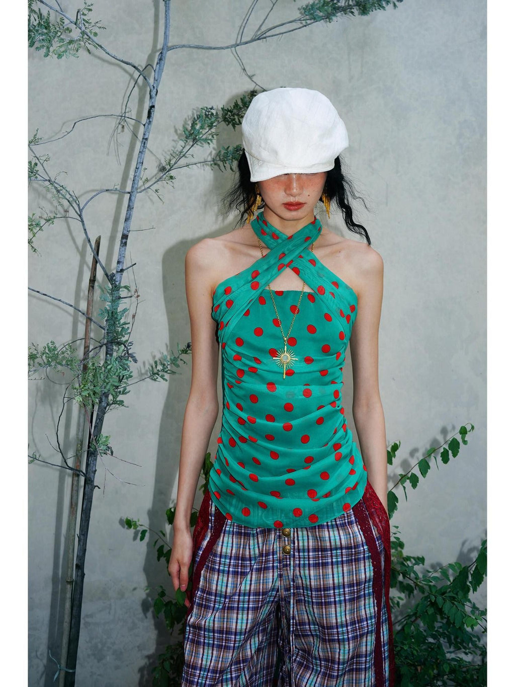 badtaste Western Retro Colorblock Polka Dot Tie Back Women's Halter Tops