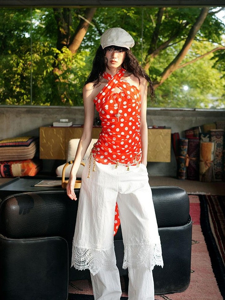 badtaste Western Retro Colorblock Polka Dot Tie Back Women's Halter Tops