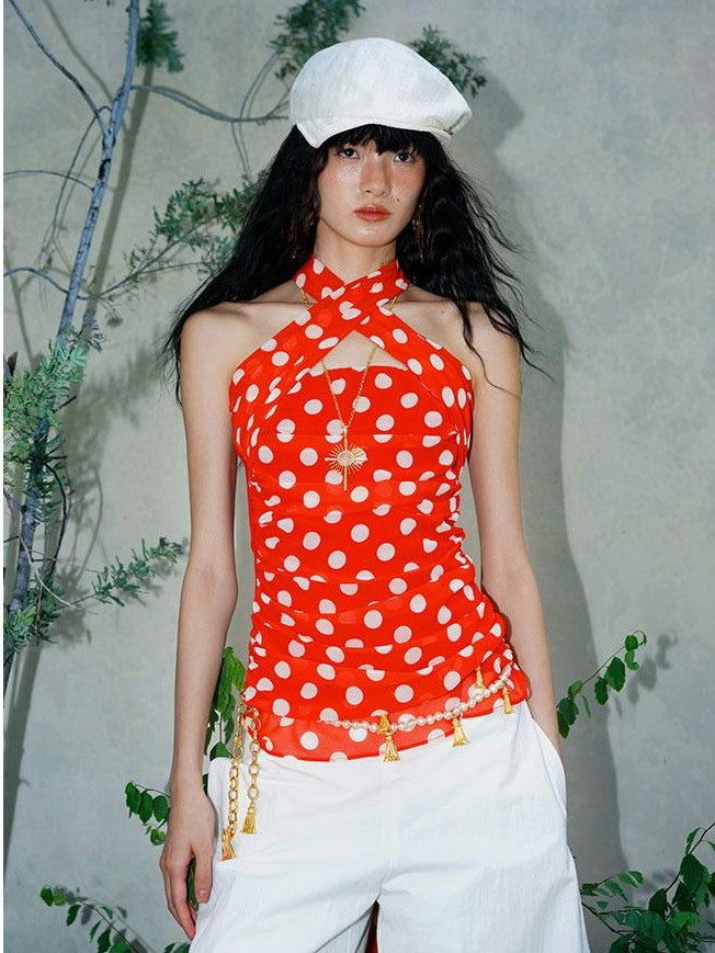 badtaste Western Retro Colorblock Polka Dot Tie Back Women's Halter Tops