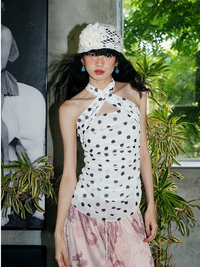 badtaste Western Retro Colorblock Polka Dot Tie Back Women's Halter Tops