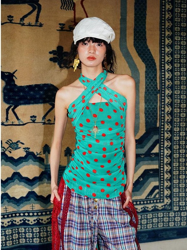 badtaste Western Retro Colorblock Polka Dot Tie Back Women's Halter Tops