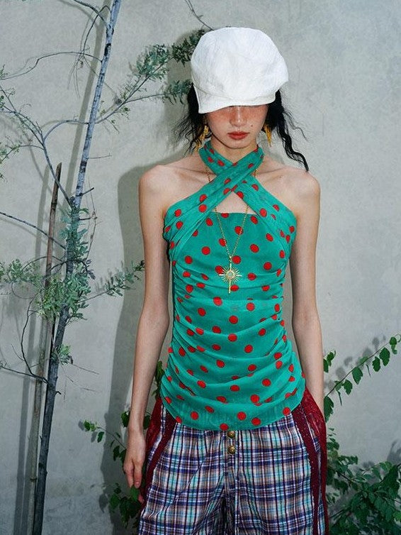 badtaste Western Retro Colorblock Polka Dot Tie Back Women's Halter Tops