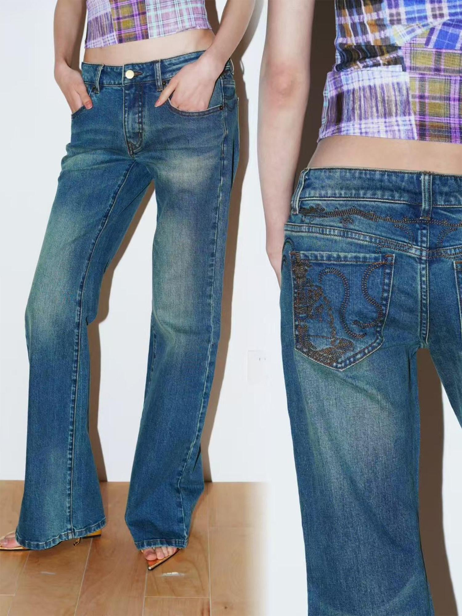 badtaste Western Retro Machine Embroidered Slim Low Waist Women's Denim Flare Jeans