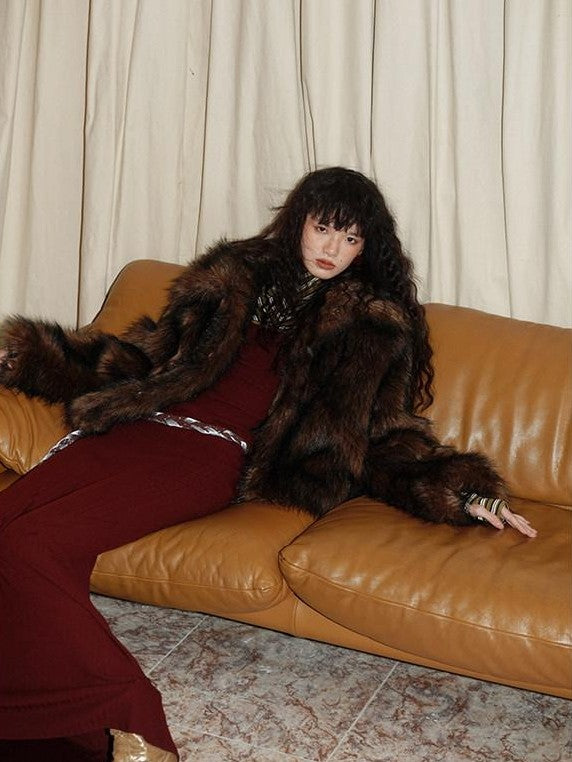 badtaste Western Retro Short Loose Plush Niche Design Women's Faux Fur Coats