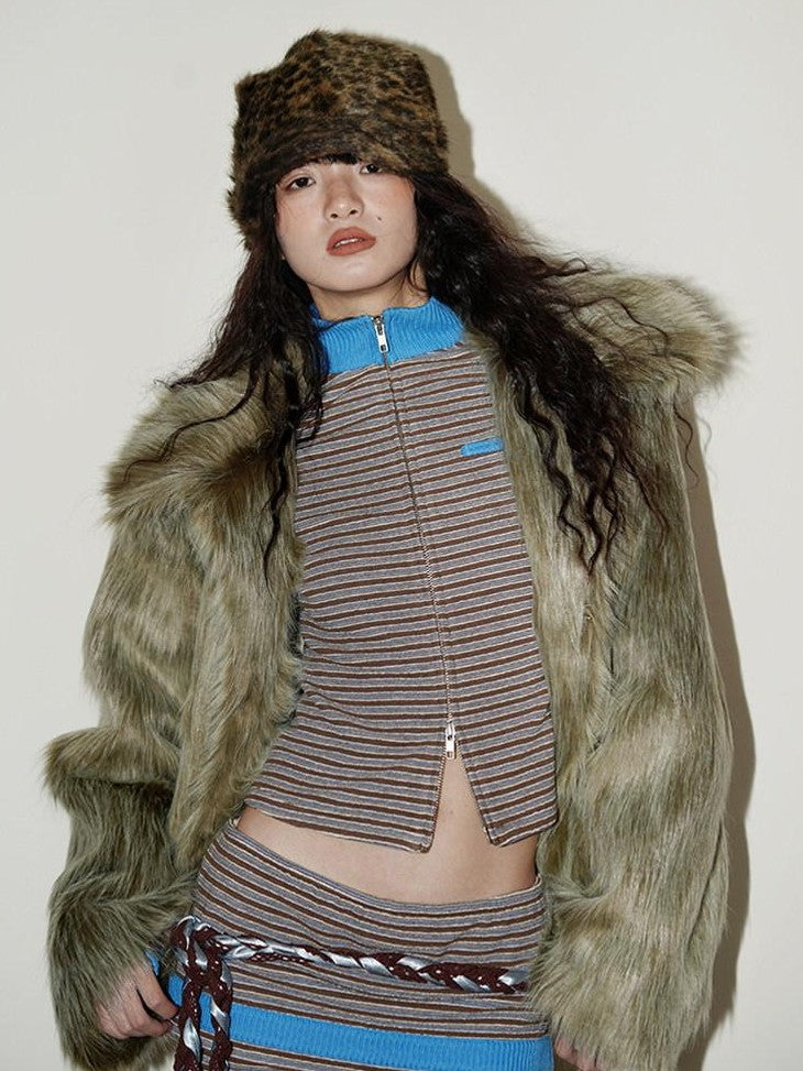 badtaste Western Retro Short Loose Plush Niche Design Women's Faux Fur Coats
