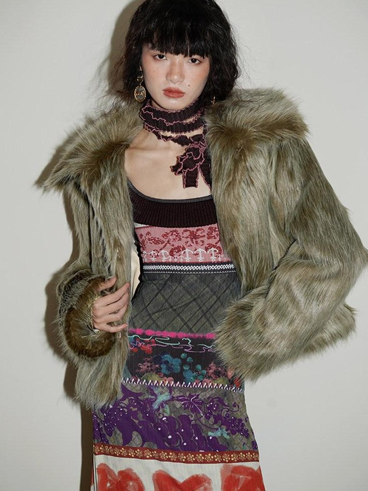 badtaste Western Retro Short Loose Plush Niche Design Women's Faux Fur Coats