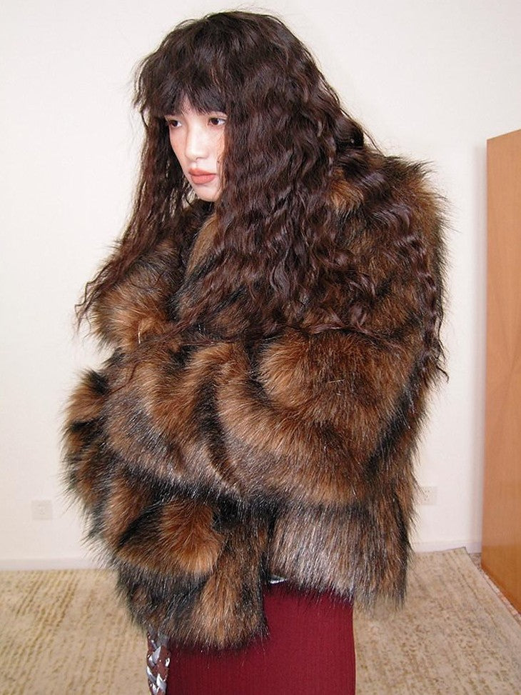 badtaste Western Retro Short Loose Plush Niche Design Women's Faux Fur Coats