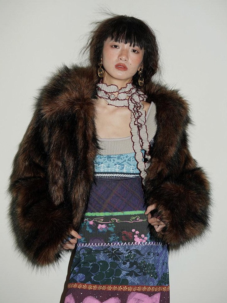badtaste Western Retro Short Loose Plush Niche Design Women's Faux Fur Coats