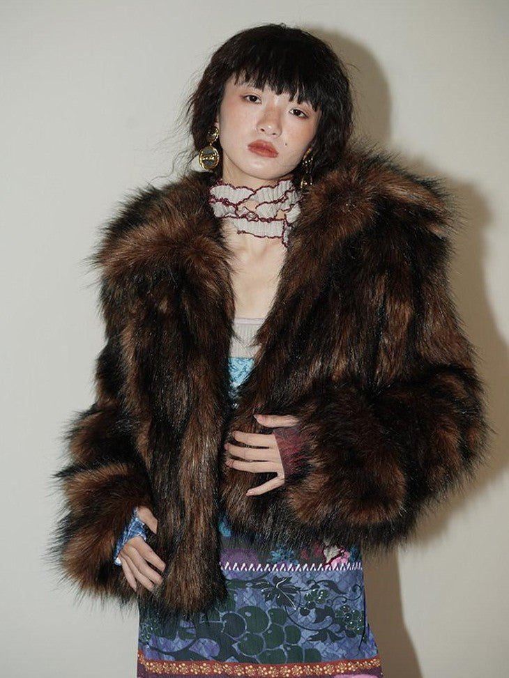 badtaste Western Retro Short Loose Plush Niche Design Women's Faux Fur Coats