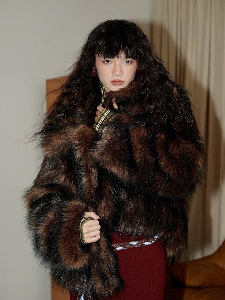 badtaste Western Retro Short Loose Plush Niche Design Women's Faux Fur Coats