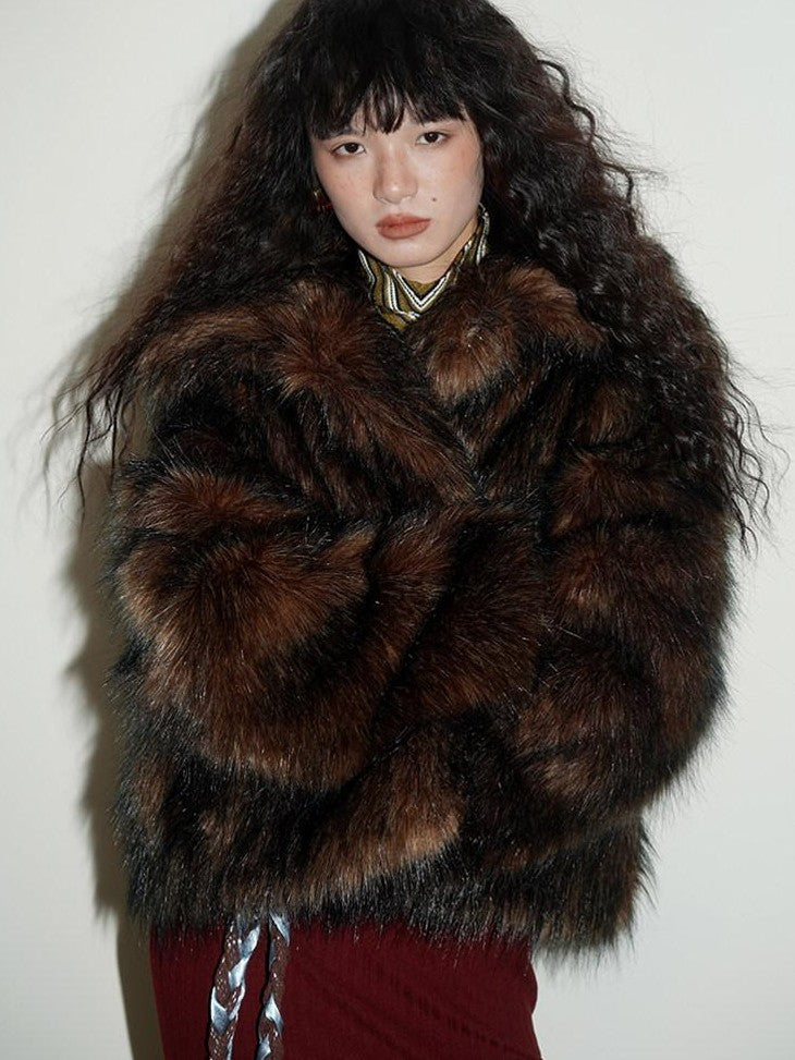 badtaste Western Retro Short Loose Plush Niche Design Women's Faux Fur Coats