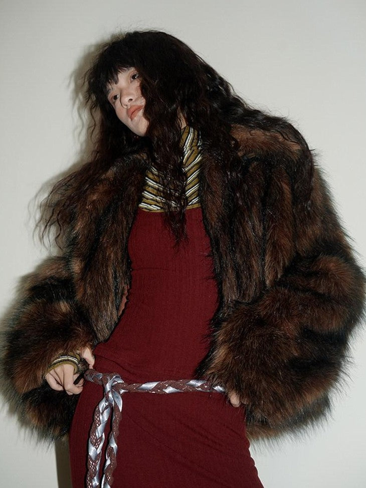 badtaste Western Retro Short Loose Plush Niche Design Women's Faux Fur Coats
