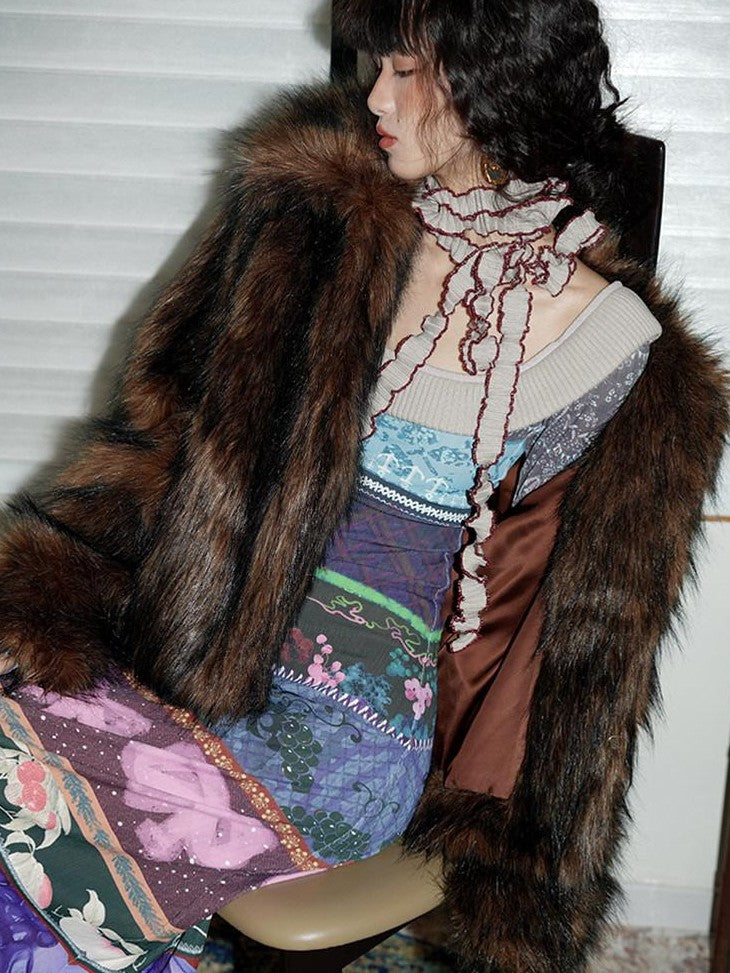 badtaste Western Retro Short Loose Plush Niche Design Women's Faux Fur Coats