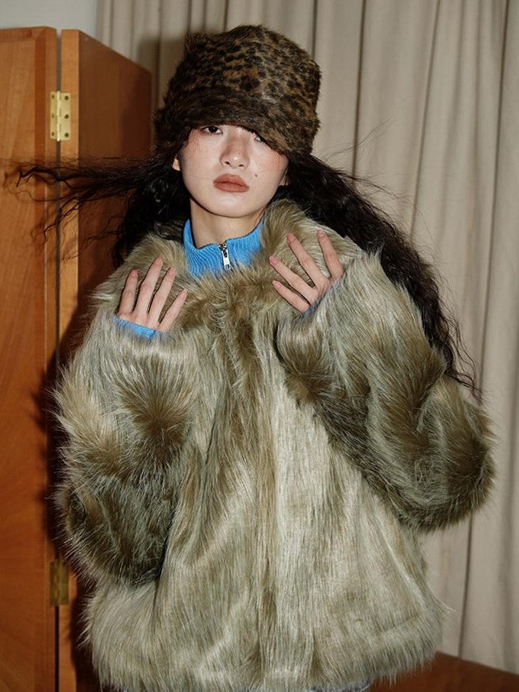 badtaste Western Retro Short Loose Plush Niche Design Women's Faux Fur Coats