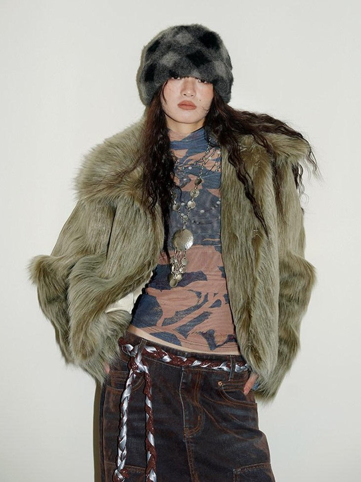 badtaste Western Retro Short Loose Plush Niche Design Women's Faux Fur Coats
