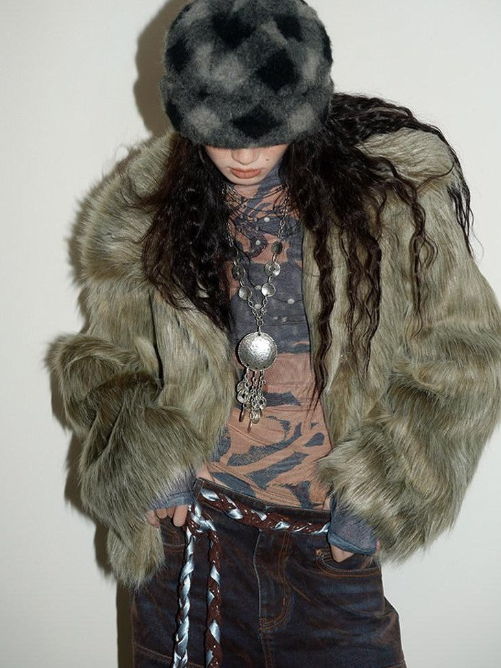 badtaste Western Retro Short Loose Plush Niche Design Women's Faux Fur Coats