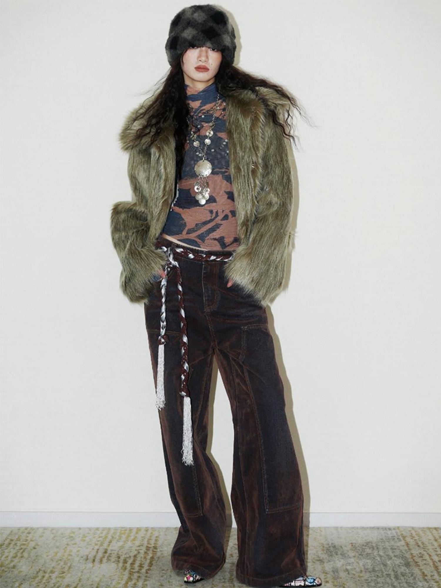 badtaste Western Retro Short Loose Plush Niche Design Women's Faux Fur Coats