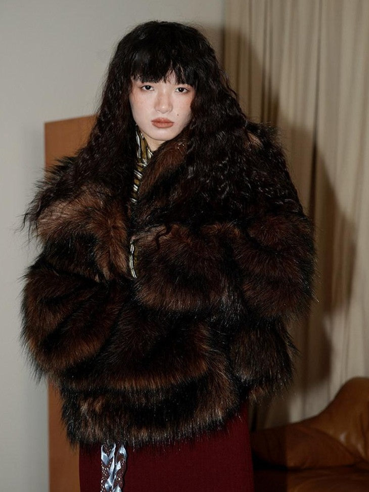 badtaste Western Retro Short Loose Plush Niche Design Women's Faux Fur Coats