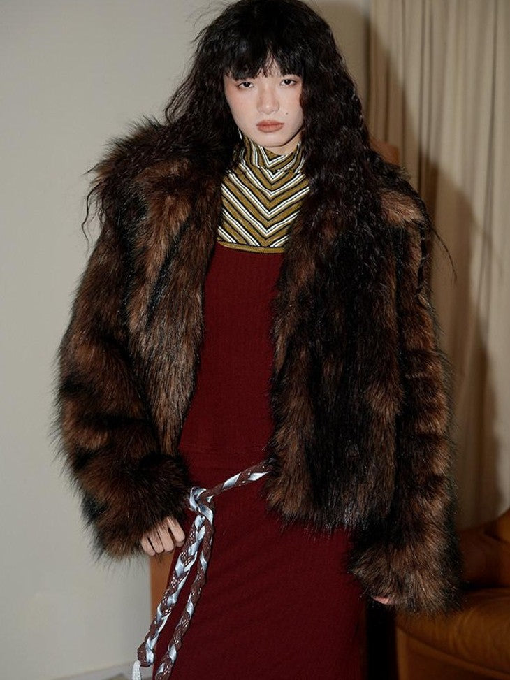 badtaste Western Retro Short Loose Plush Niche Design Women's Faux Fur Coats