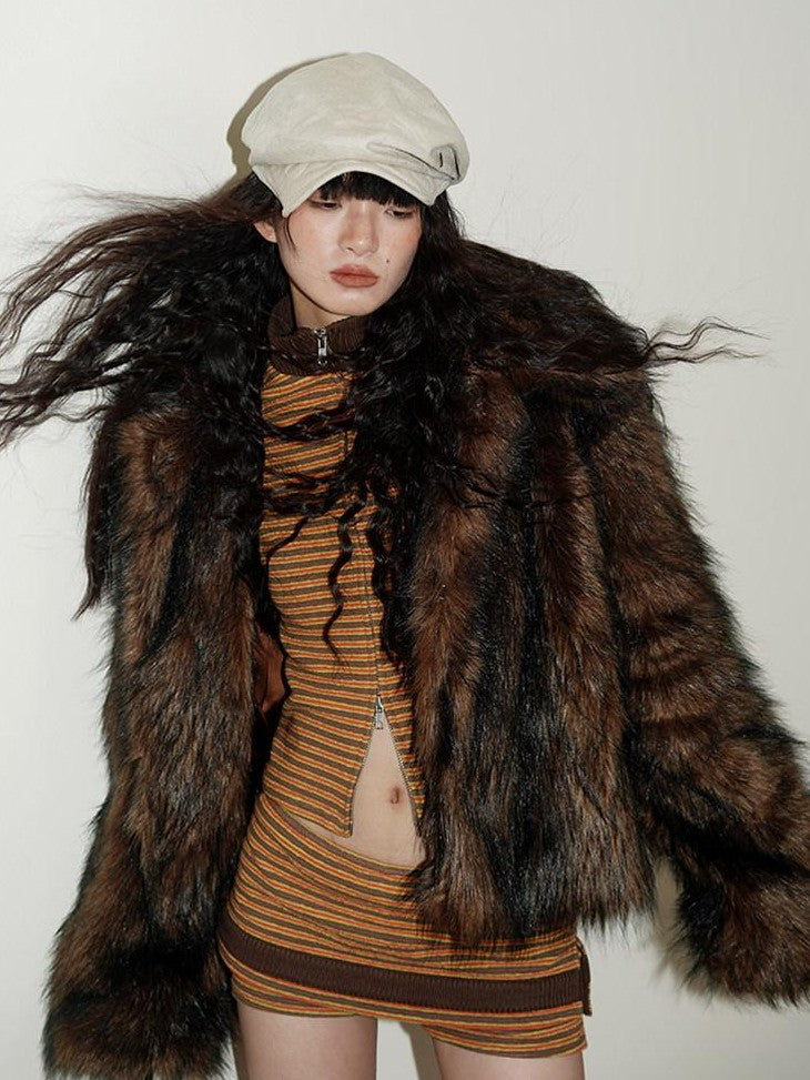 badtaste Western Retro Short Loose Plush Niche Design Women's Faux Fur Coats