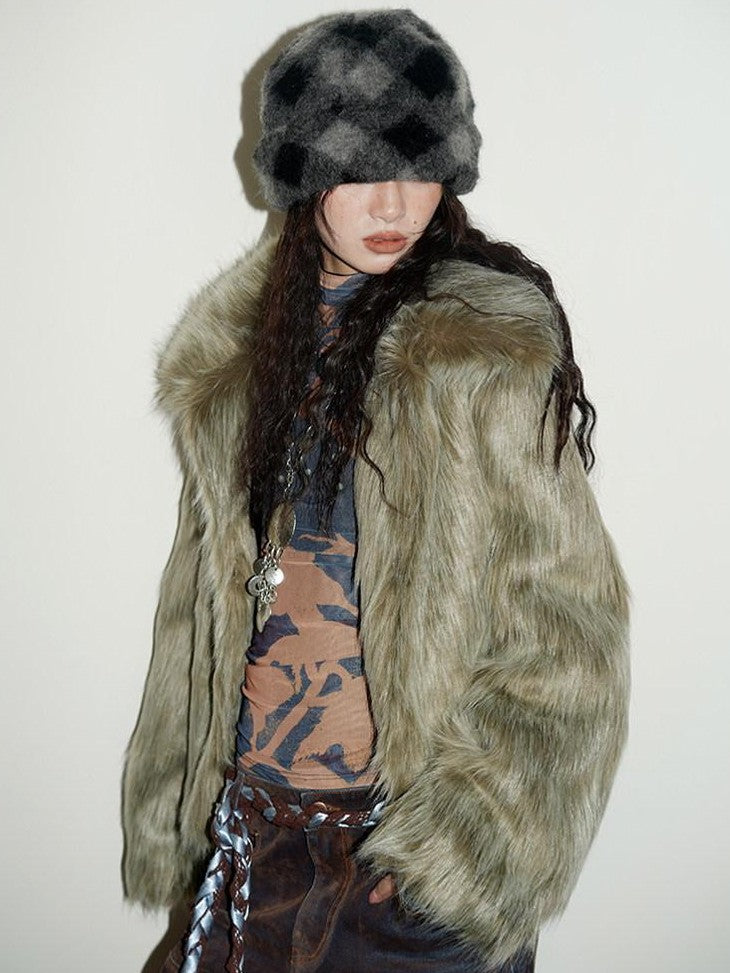 badtaste Western Retro Short Loose Plush Niche Design Women's Faux Fur Coats