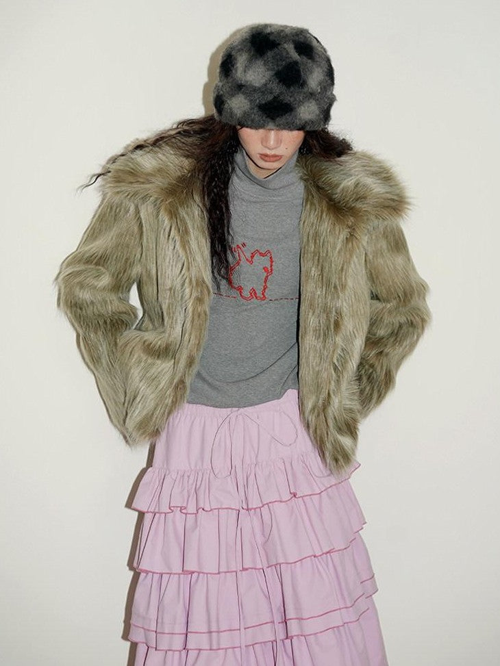 badtaste Western Retro Short Loose Plush Niche Design Women's Faux Fur Coats