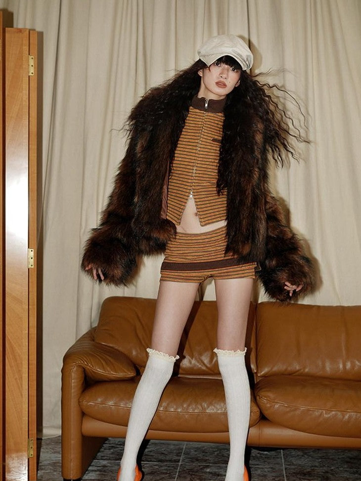 badtaste Western Retro Short Loose Plush Niche Design Women's Faux Fur Coats