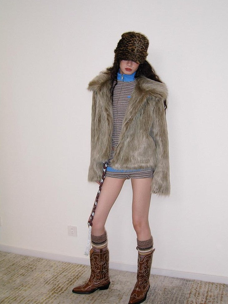 badtaste Western Retro Short Loose Plush Niche Design Women's Faux Fur Coats