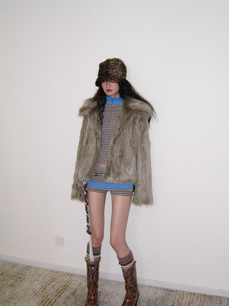 badtaste Western Retro Short Loose Plush Niche Design Women's Faux Fur Coats