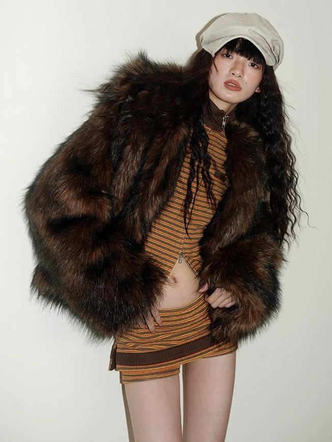 badtaste Western Retro Short Loose Plush Niche Design Women's Faux Fur Coats