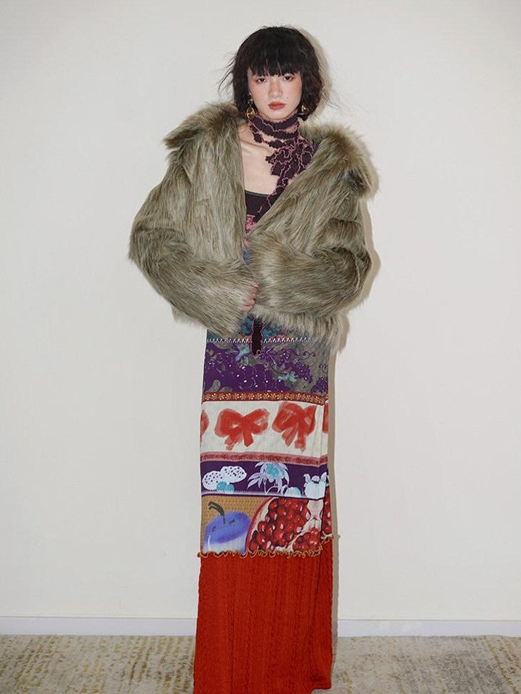 badtaste Western Retro Short Loose Plush Niche Design Women's Faux Fur Coats