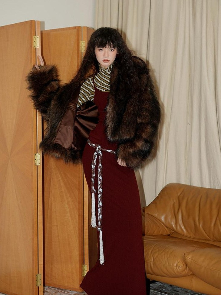 badtaste Western Retro Short Loose Plush Niche Design Women's Faux Fur Coats