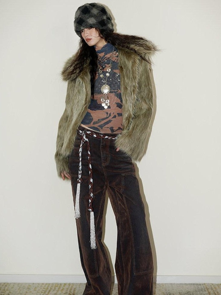 badtaste Western Retro Short Loose Plush Niche Design Women's Faux Fur Coats