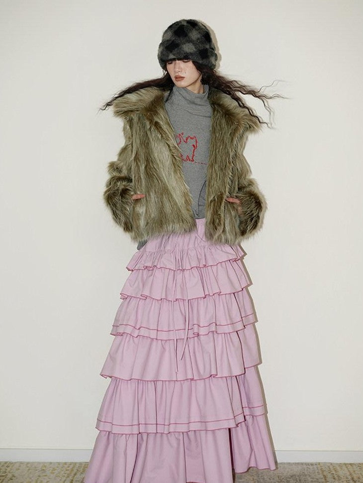 badtaste Western Retro Short Loose Plush Niche Design Women's Faux Fur Coats