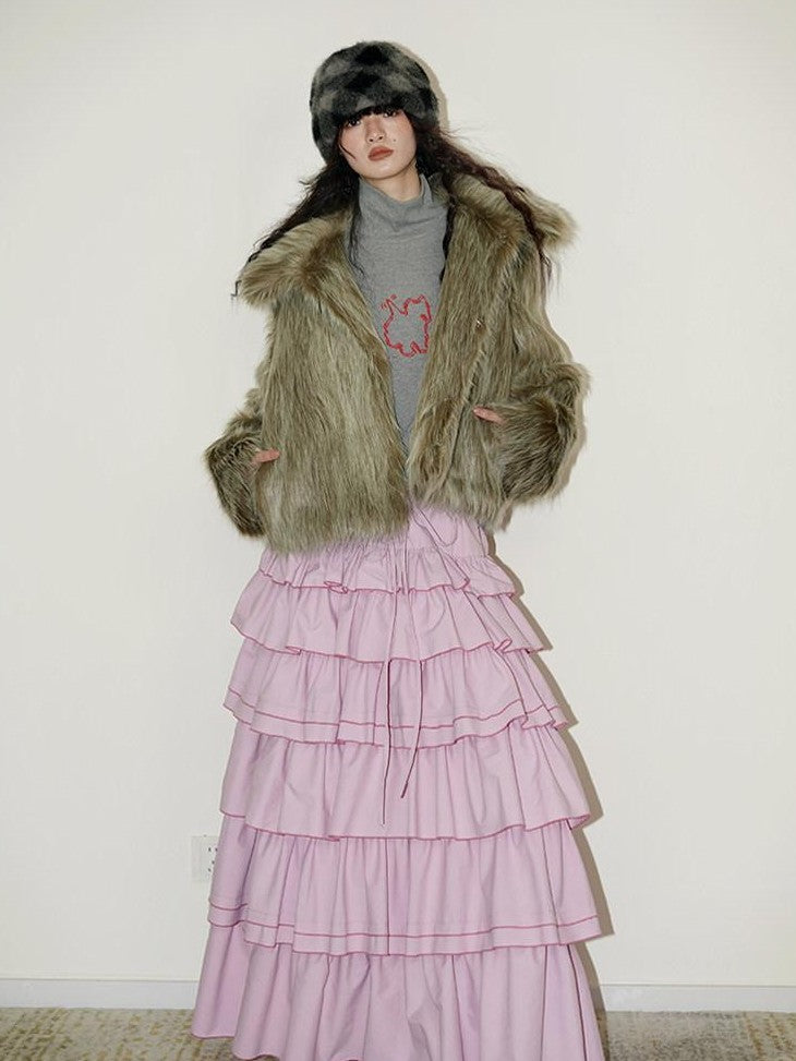 badtaste Western Retro Short Loose Plush Niche Design Women's Faux Fur Coats