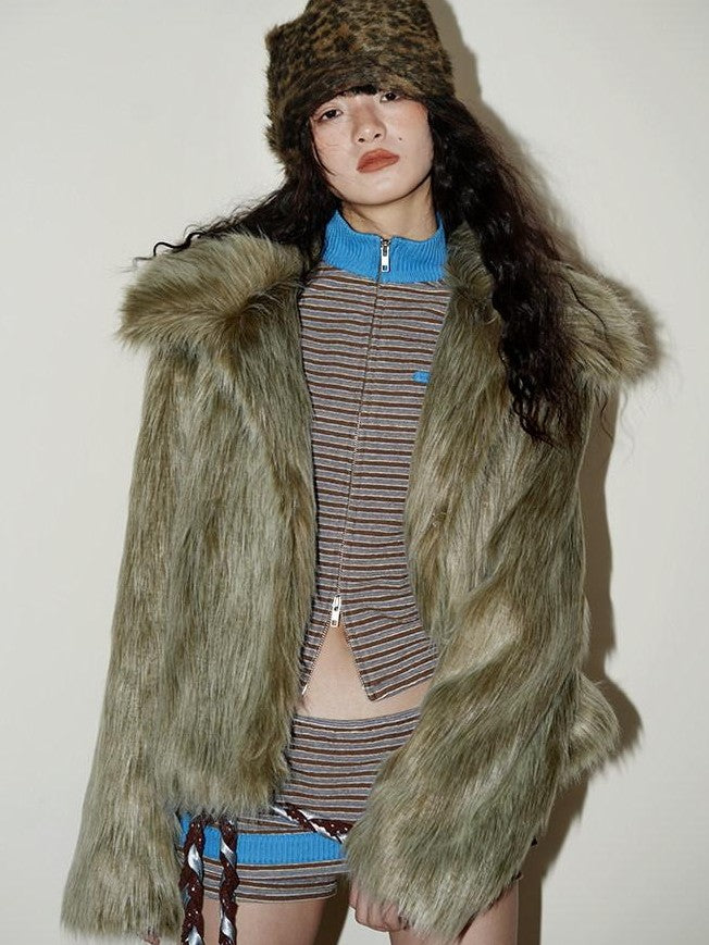badtaste Western Retro Short Loose Plush Niche Design Women's Faux Fur Coats
