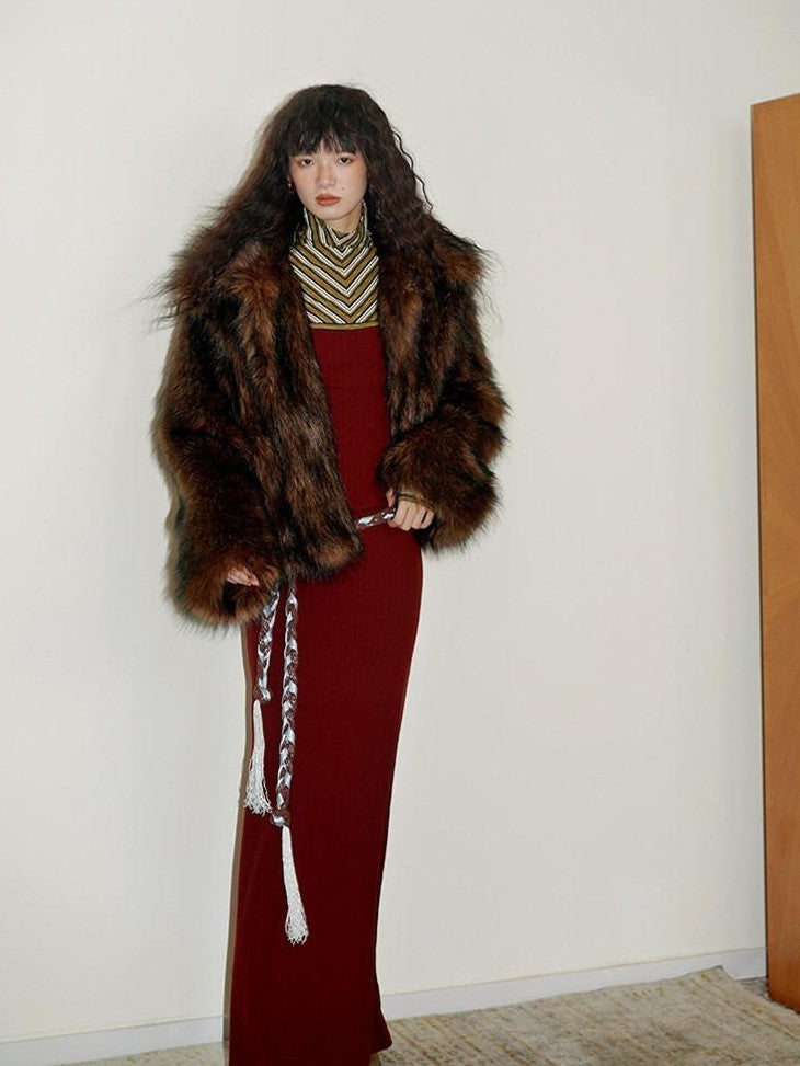 badtaste Western Retro Short Loose Plush Niche Design Women's Faux Fur Coats