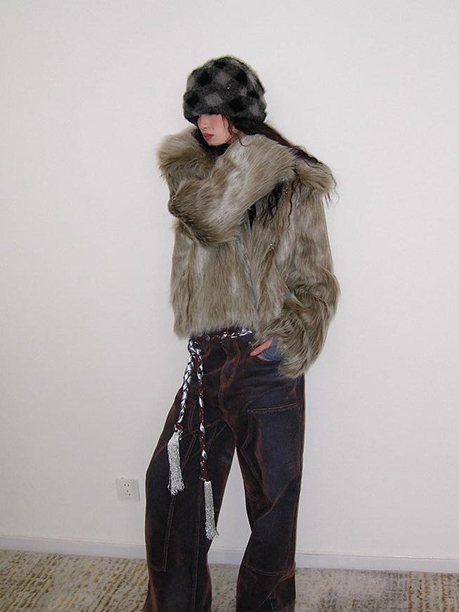 badtaste Western Retro Short Loose Plush Niche Design Women's Faux Fur Coats