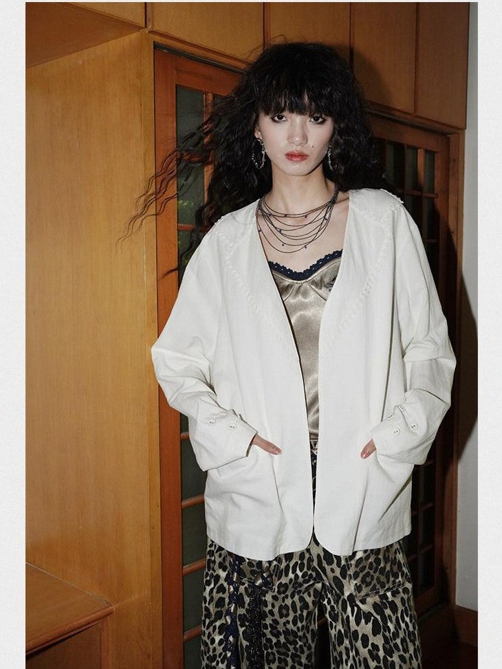 badtaste Western Retro Solid Original Loose Fit Heavyweight Women's Cotton Linen Blazers
