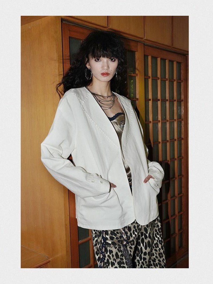 badtaste Western Retro Solid Original Loose Fit Heavyweight Women's Cotton Linen Blazers