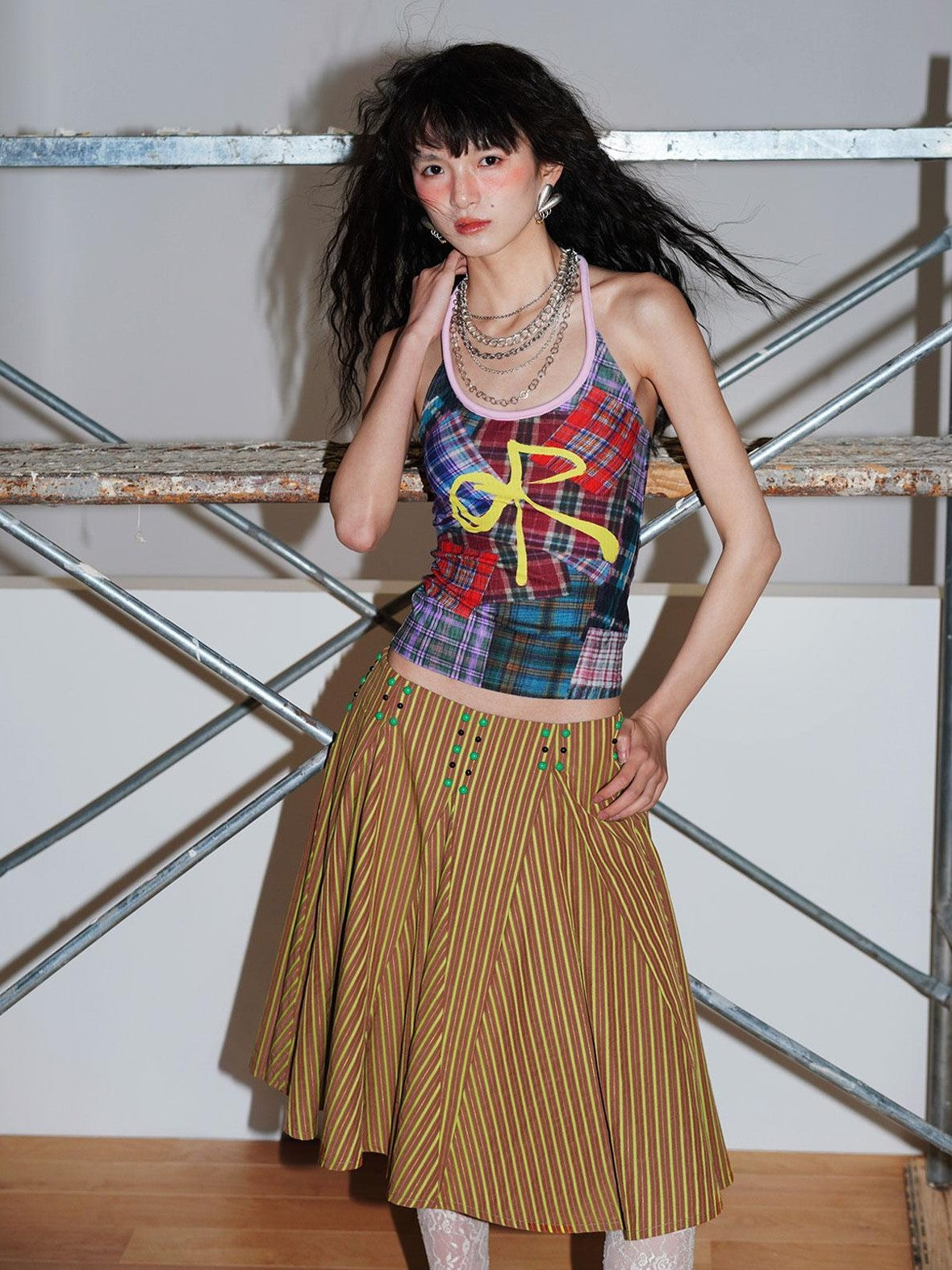 badtaste Western Retro Striped Beaded Studded Low Waist Flared Women's A-line Skirts