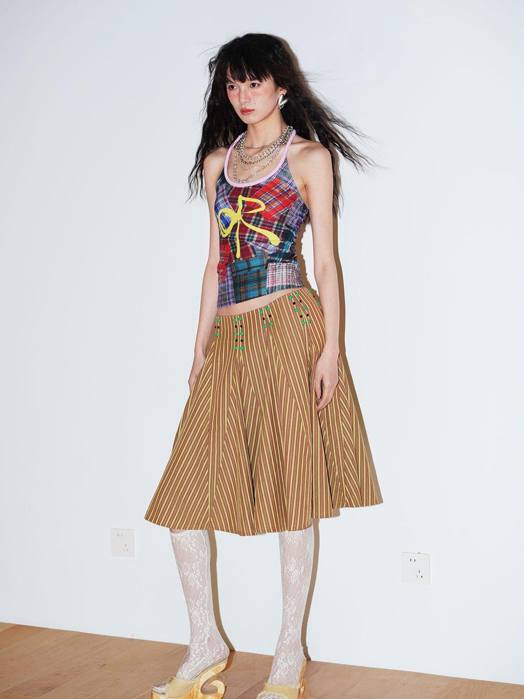 badtaste Western Retro Striped Beaded Studded Low Waist Flared Women's A-line Skirts