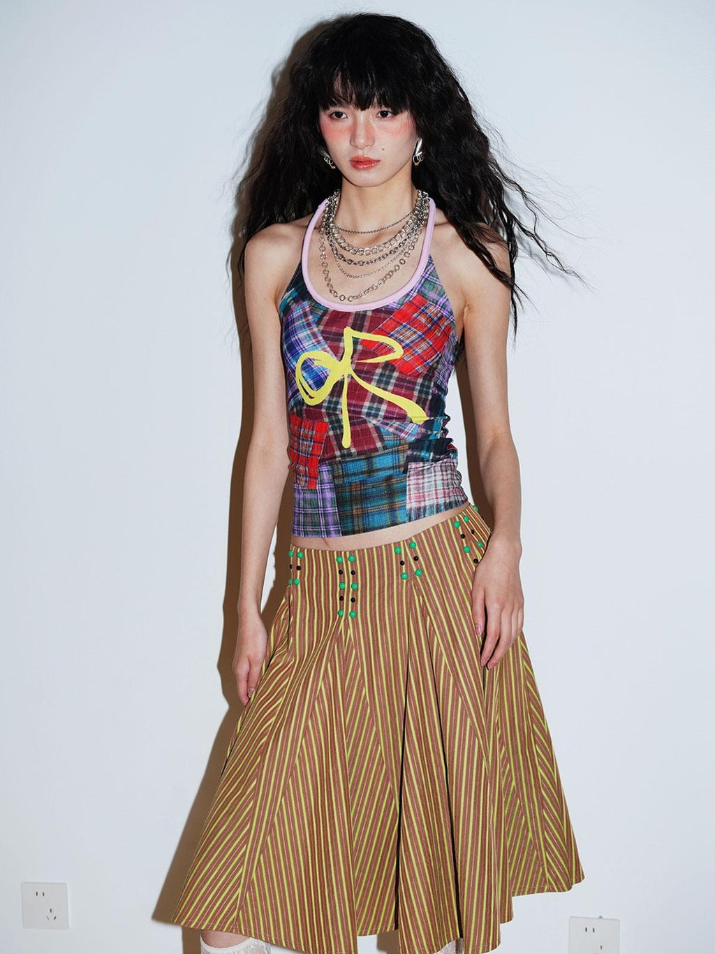 badtaste Western Retro Striped Beaded Studded Low Waist Flared Women's A-line Skirts