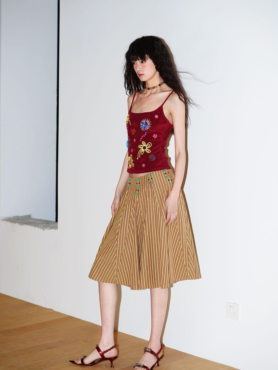 badtaste Western Retro Striped Beaded Studded Low Waist Flared Women's A-line Skirts