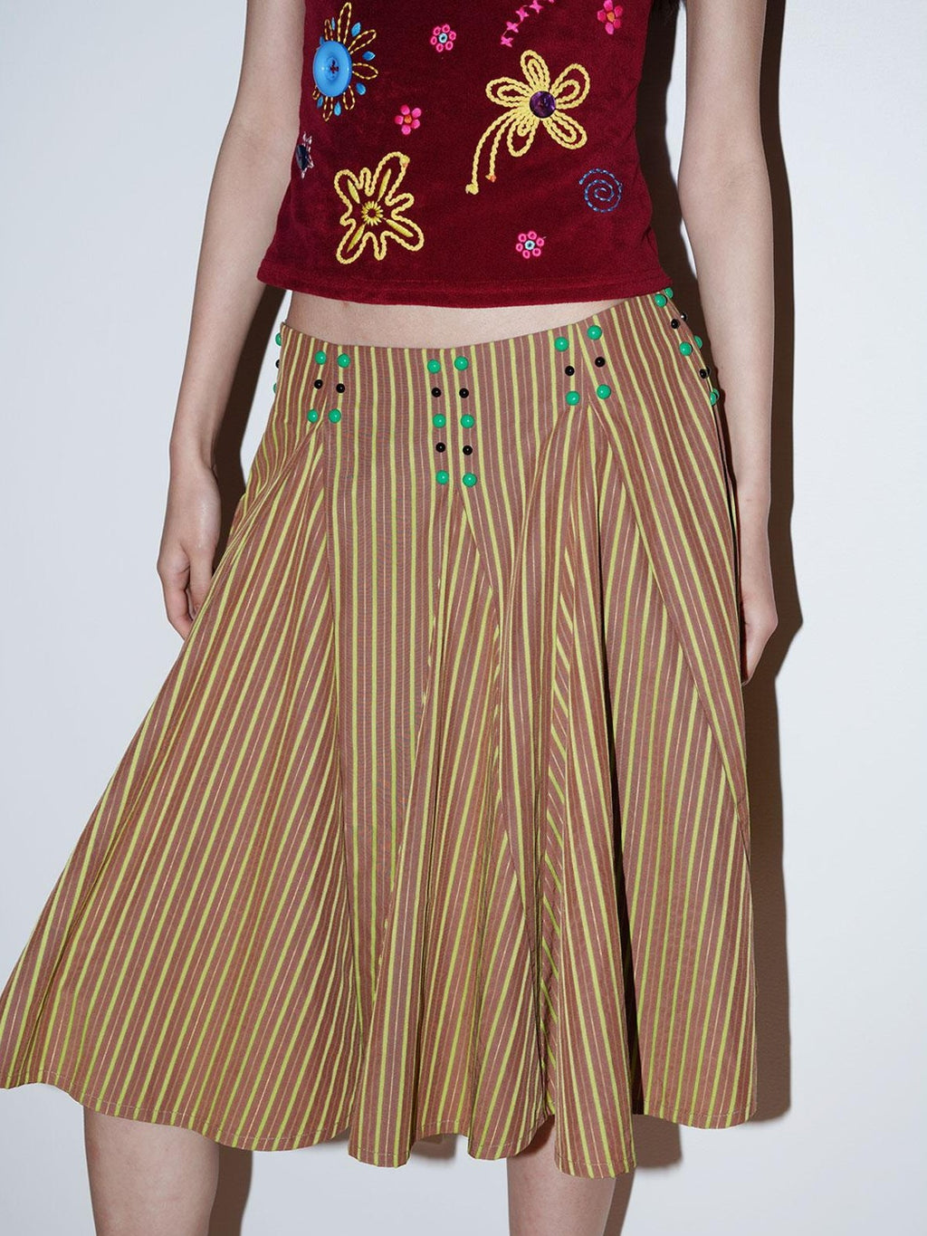 badtaste Western Retro Striped Beaded Studded Low Waist Flared Women's A-line Skirts